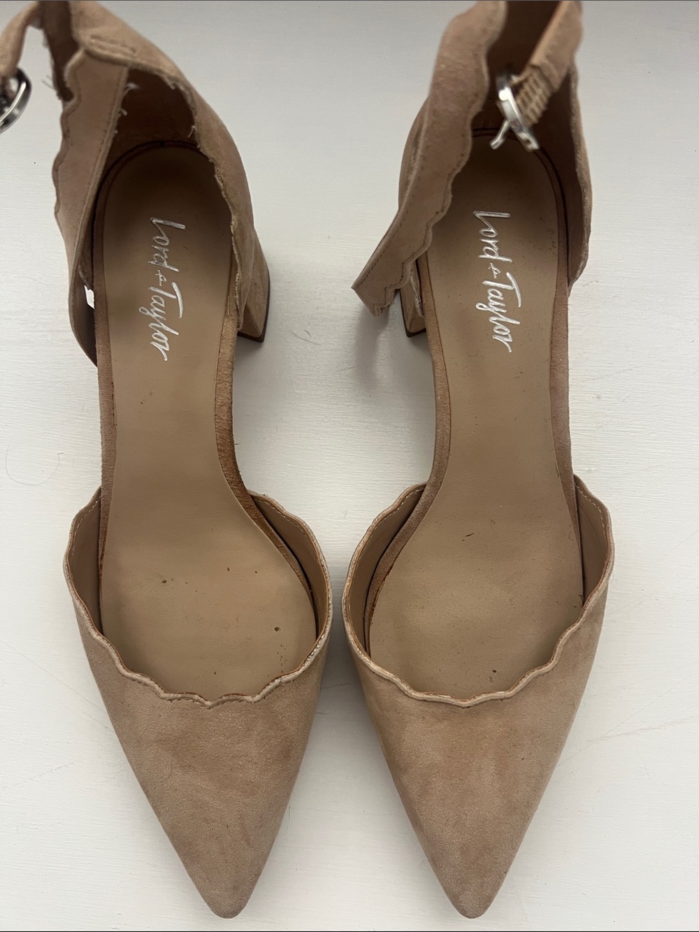 Lord & Taylor Taupe Scalloped Pointed Toe Ankle-Strap Heels